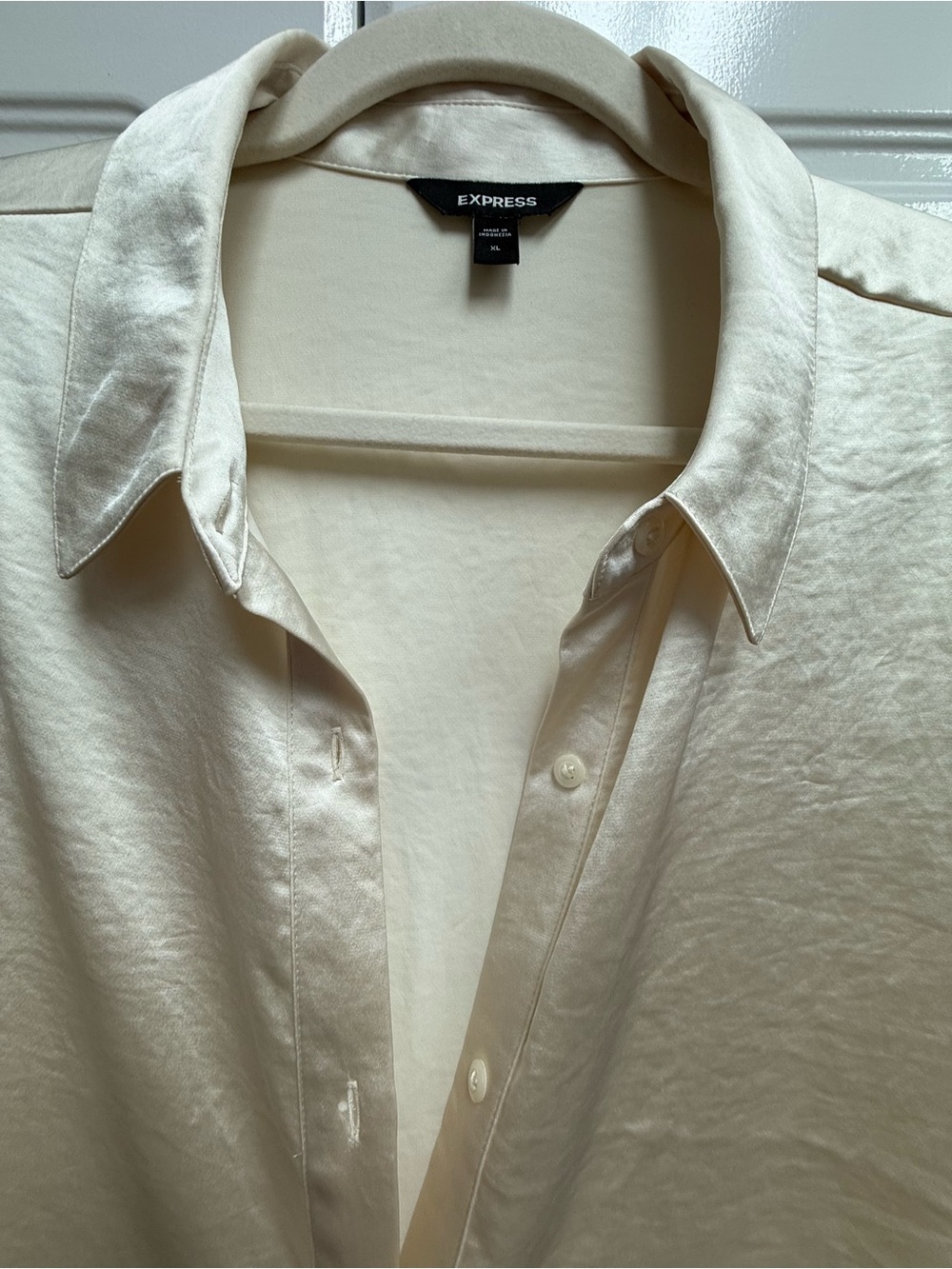 Express Cream Tie-Front Satin Button-Down Shirt - Picture 2 of 4